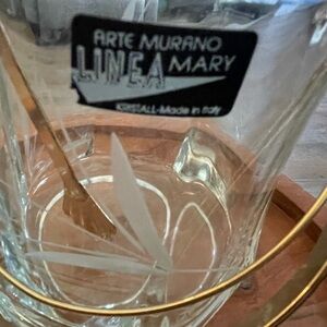 Murano Clear Glass Ice Bucket with Etched Leaf Motif and Gold Handle